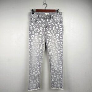 TRU LUXE Jeans Animal Leopard Print Gray Metallic Raw Hem Mid Rise Women Sz 6